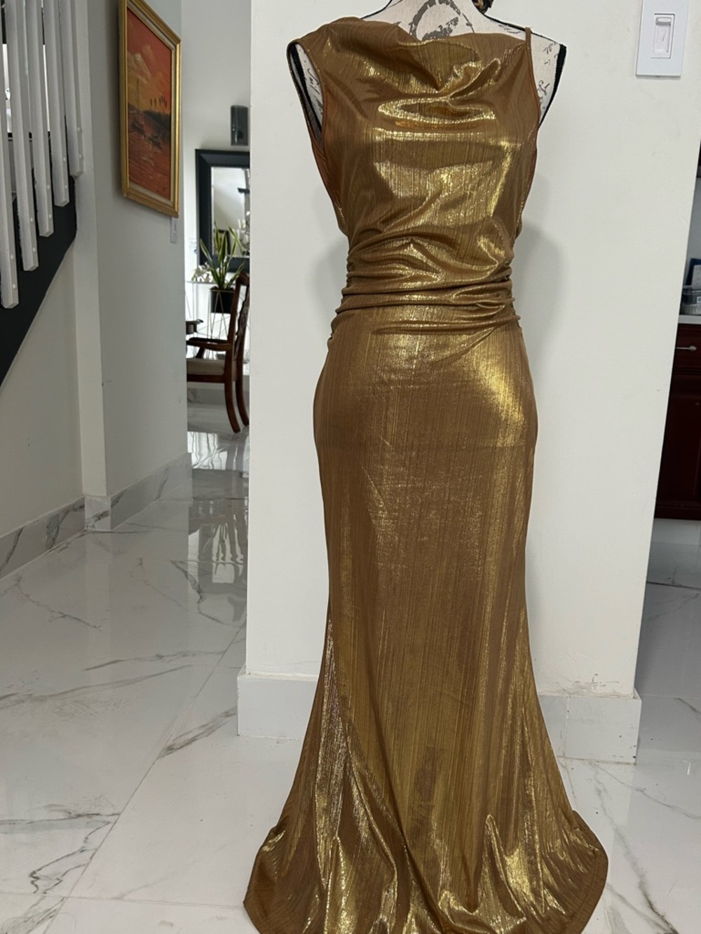 Metallic Gold Evening Gown - Elegant Sleeveless Dress Size M